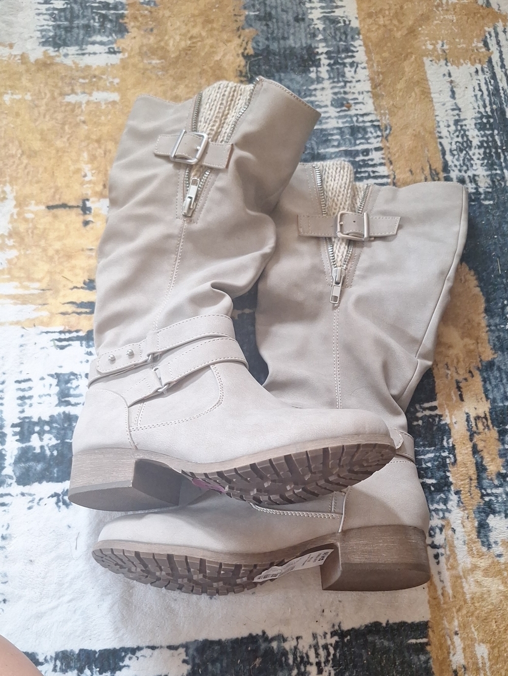 Women's Taupe Mid-Calf Heeled Riding Boots with Buckle Accent